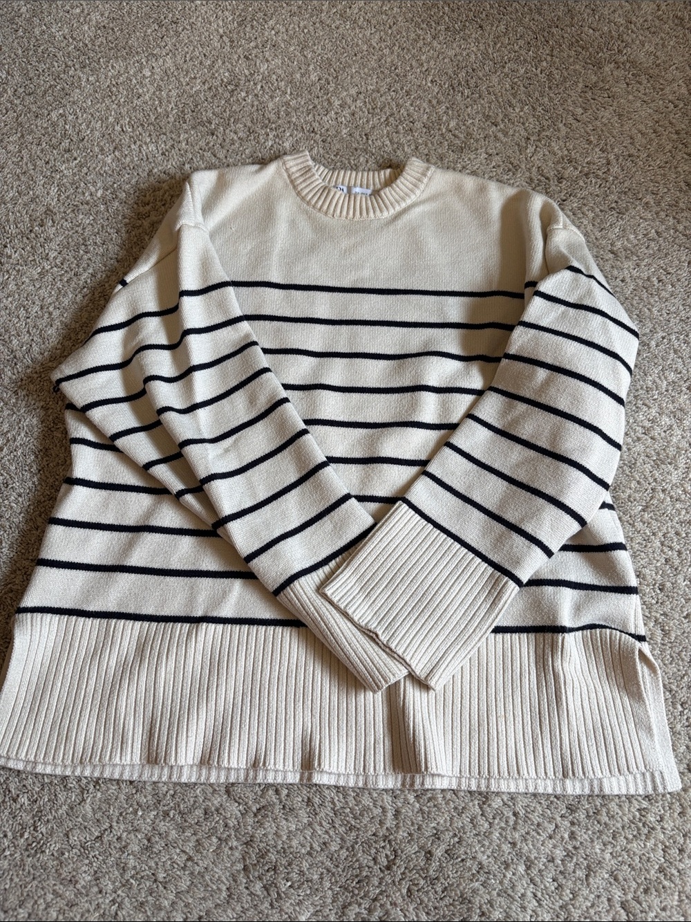Zara Cream Crewneck Sweater with Black Stripes